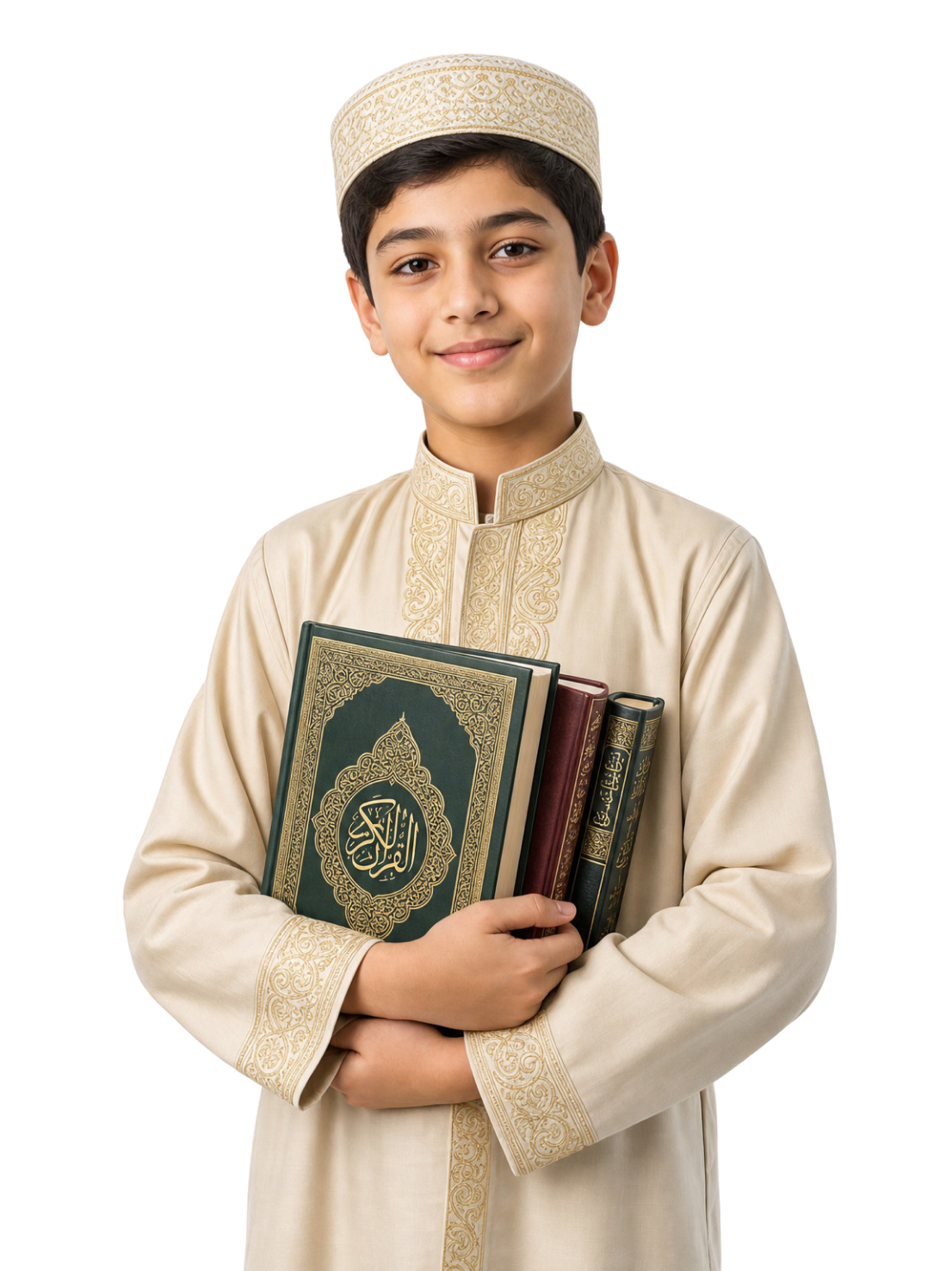 Student holding Qur'an and books